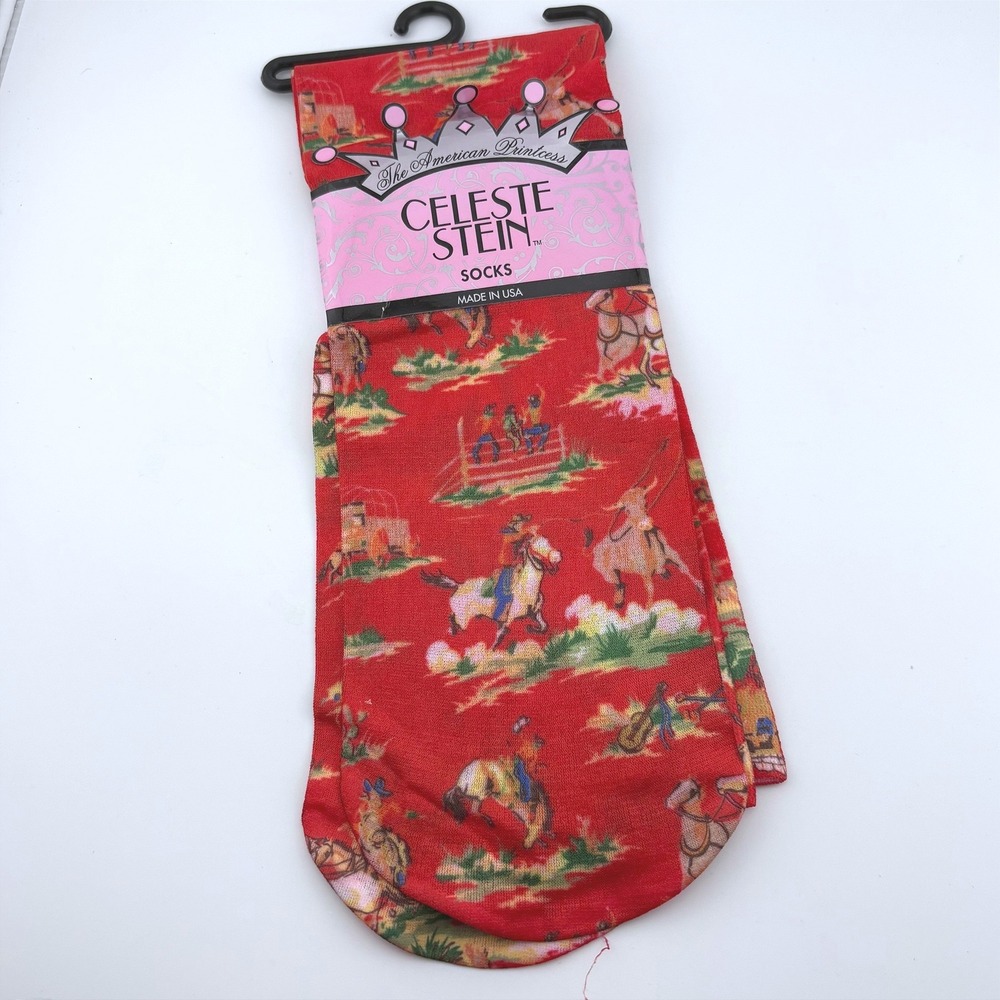 Celeste Stein Women Red Western Rodeo Cowboy Print Socks Compression Nylon Lycra